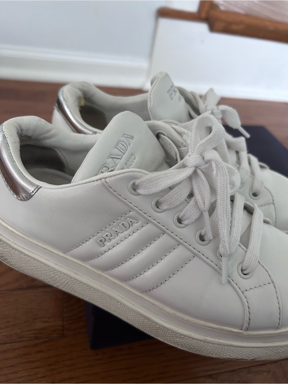 Prada White Leather Low-Top Sneakers - Picture 2 of 5